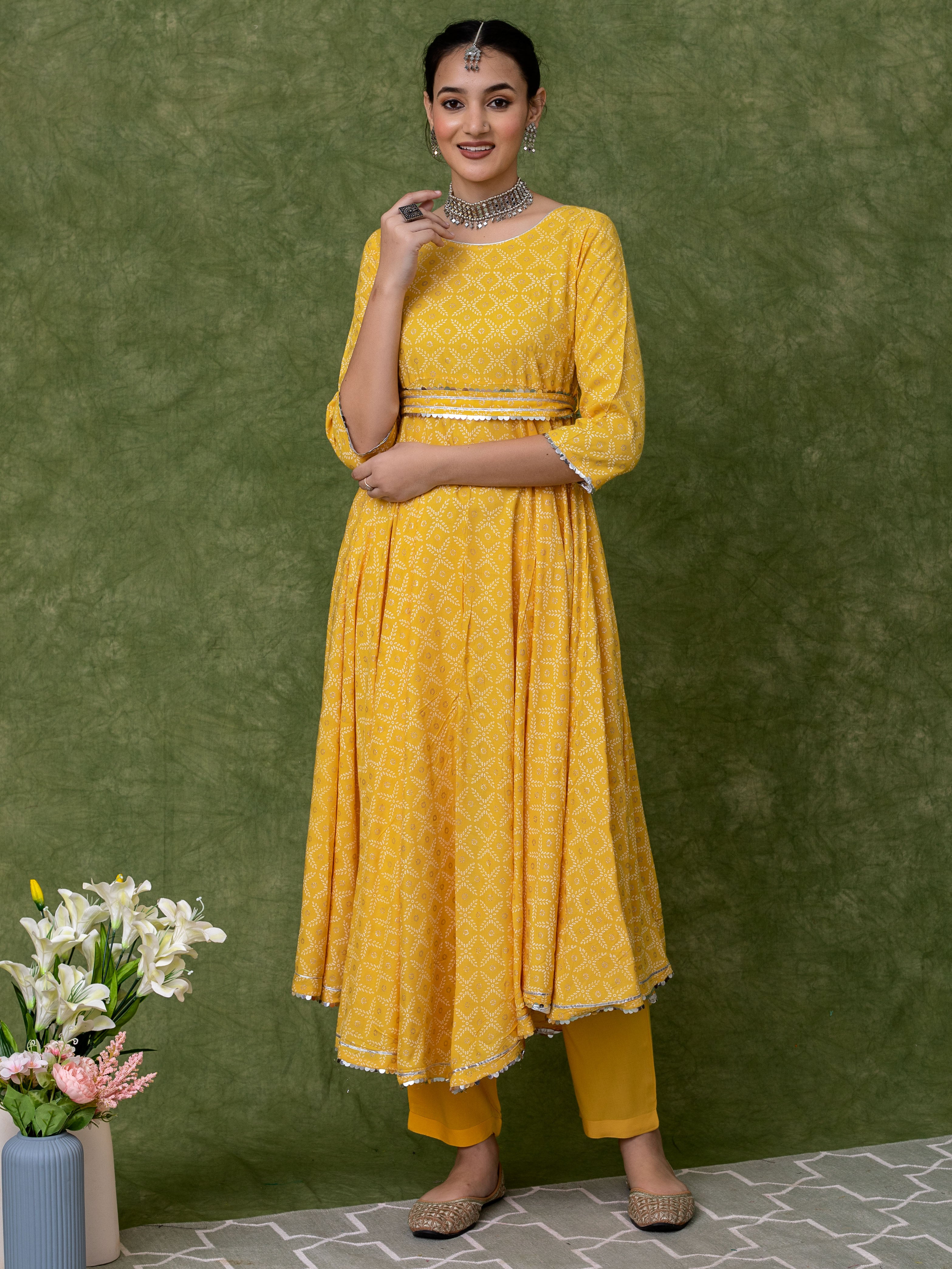 Yellow Silver Printed Anarkali Kurta Sets for women with Belt and Narrow Pant